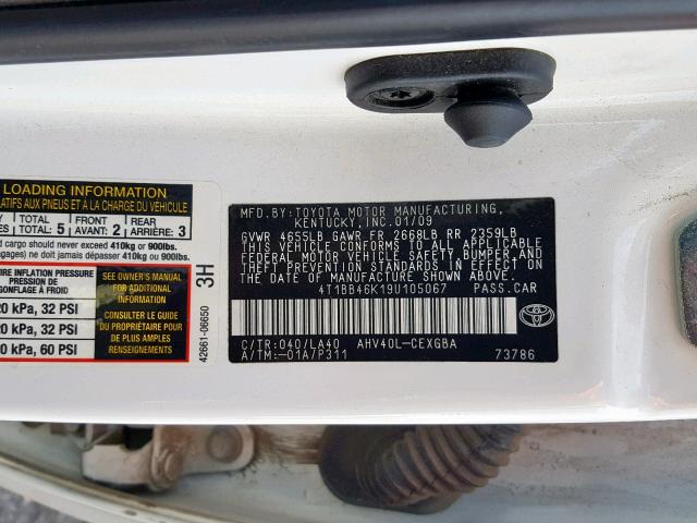 4T1BB46K19U105067 - 2009 TOYOTA CAMRY HYBR WHITE photo 10