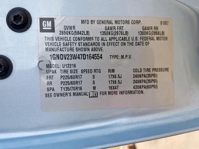 1GNDV23W47D164554 - 2007 CHEVROLET UPLANDER L BLUE photo 10