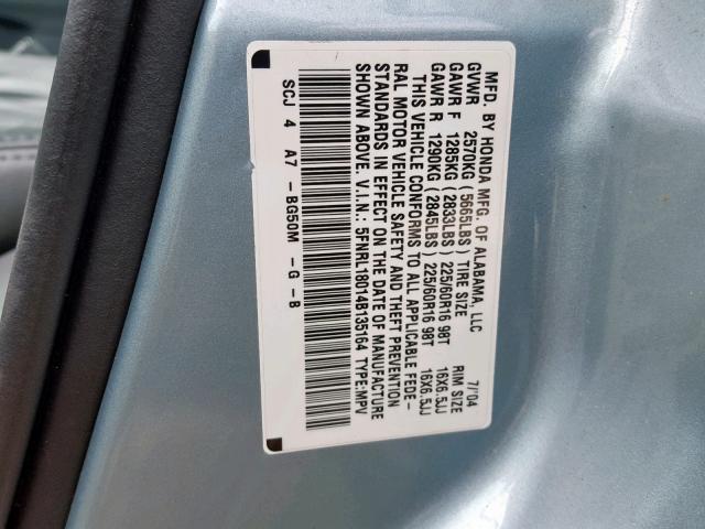 5FNRL18014B135164 - 2004 HONDA ODYSSEY EX BLUE photo 10