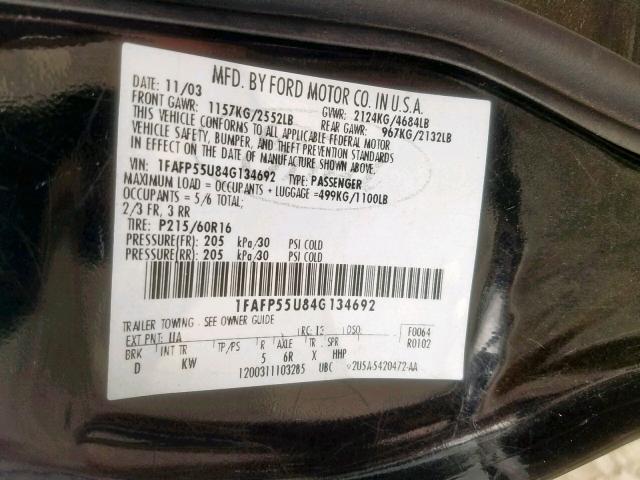 1FAFP55U84G134692 - 2004 FORD TAURUS SES BLACK photo 10