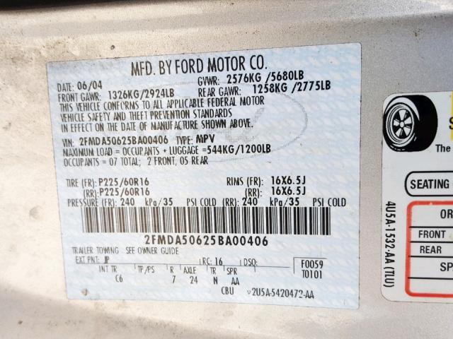 2FMDA50625BA00406 - 2005 FORD FREESTAR S SILVER photo 10