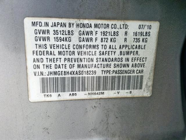 JHMGE8H4XAS018239 - 2010 HONDA FIT SPORT SILVER photo 10