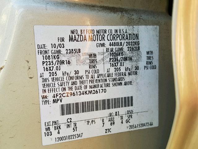 4F2CZ96134KM26170 - 2004 MAZDA TRIBUTE ES 金色 照片 10