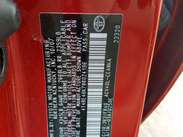 4T4BE46K78R024196 - 2008 TOYOTA CAMRY CE RED photo 10