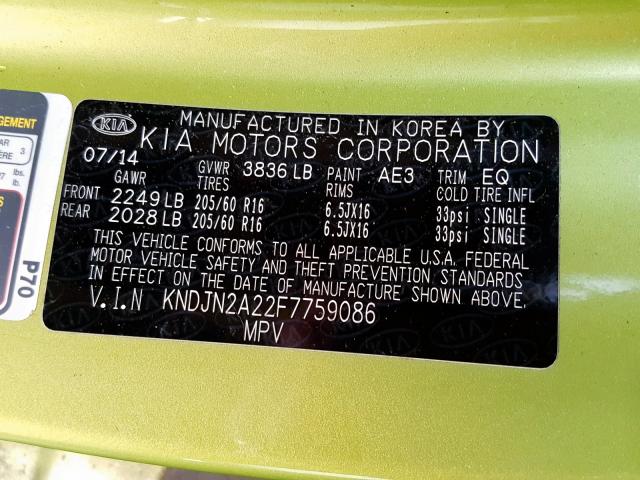 KNDJN2A22F7759086 - 2015 KIA SOUL GREEN photo 10