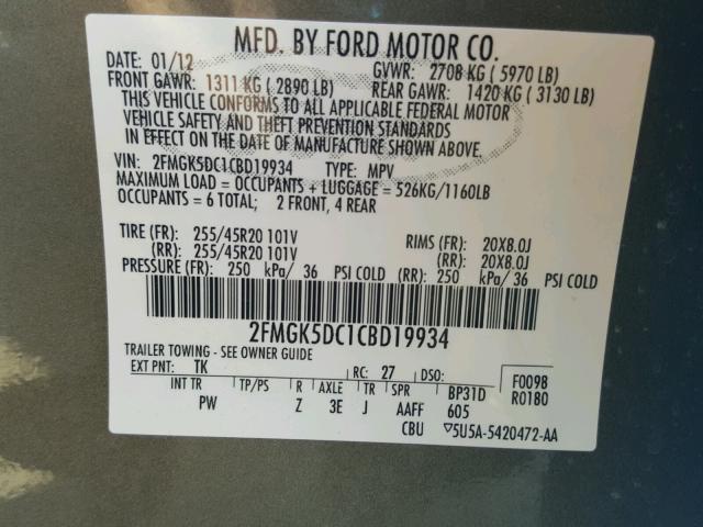 2FMGK5DC1CBD19934 - 2012 FORD FLEX LIMIT GRAY photo 10