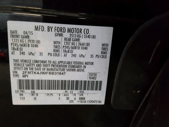 2FMTK4J90FBB31847 - 2015 FORD EDGE SEL BLACK photo 10