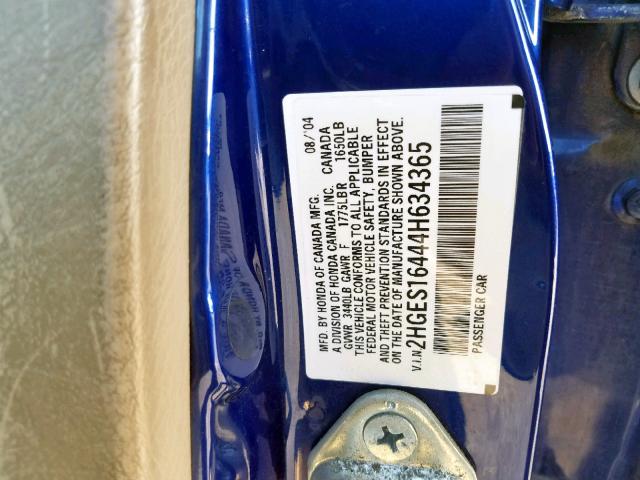 2HGES16444H634365 - 2004 HONDA CIVIC DX BLUE photo 10