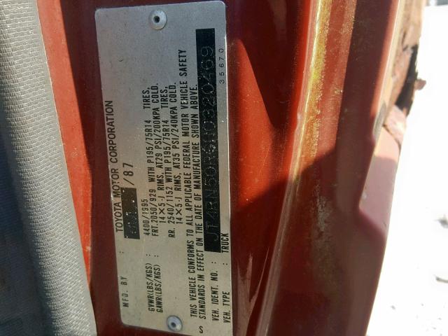 JT4RN50R6H0320469 - 1987 TOYOTA PICKUP 1/2 MAROON photo 10