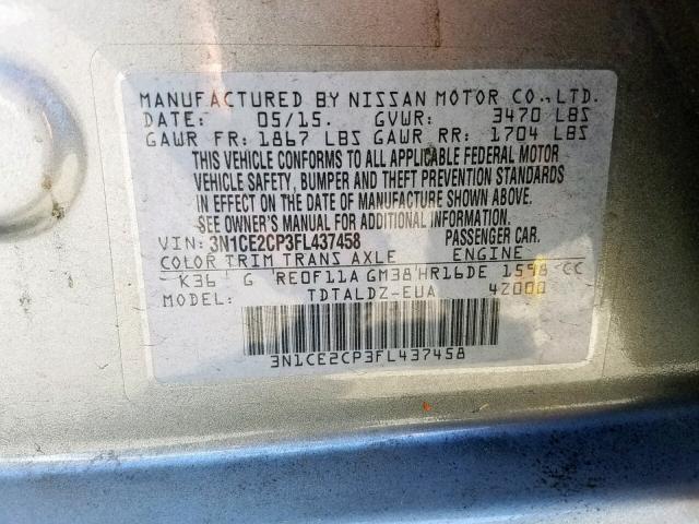 3N1CE2CP3FL437458 - 2015 NISSAN VERSA NOTE GRAY photo 10