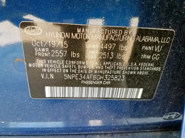 5NPE34AF6GH325823 - 2016 HYUNDAI SONATA SPO BLUE photo 10