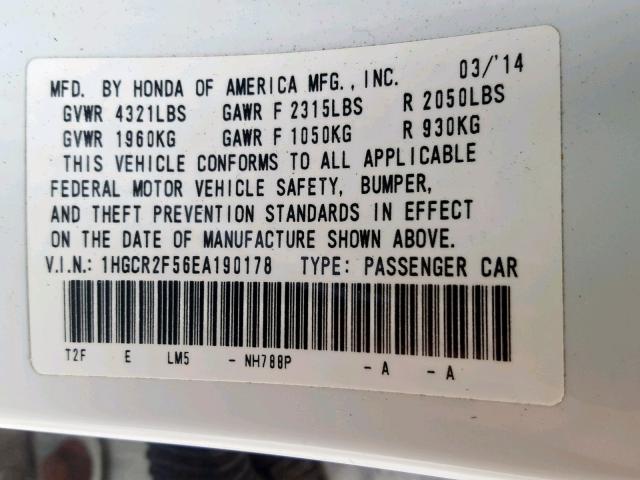 1HGCR2F56EA190178 - 2014 HONDA ACCORD SPO WHITE photo 10