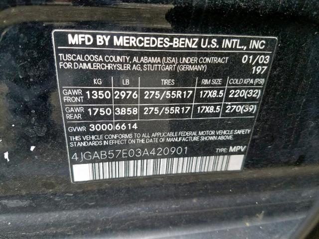 4JGAB57E03A420901 - 2003 MERCEDES-BENZ ML 350 BLACK photo 10