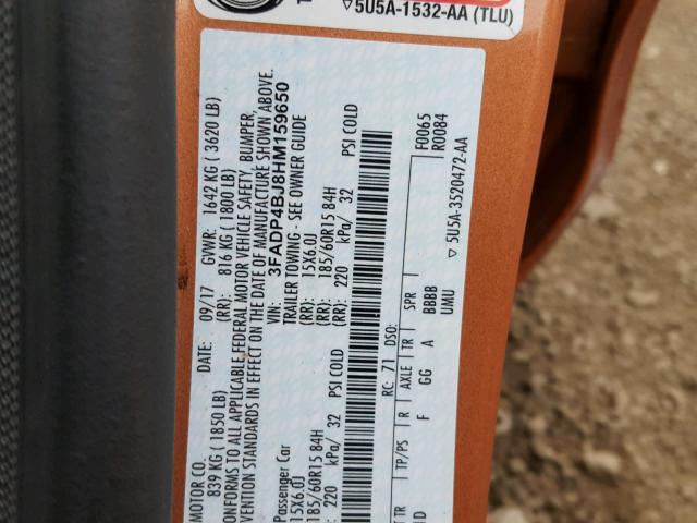 3FADP4BJ8HM159650 - 2017 FORD FIESTA SE ORANGE photo 10