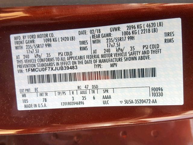 1FMCU0F7XJUB39483 - 2018 FORD ESCAPE S BROWN photo 10