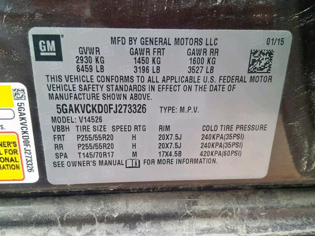 5GAKVCKD0FJ273326 - 2015 BUICK ENCLAVE MAROON photo 10