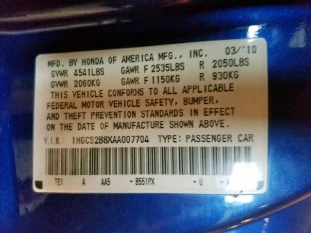 1HGCS2B8XAA007704 - 2010 HONDA ACCORD EXL BLUE photo 10