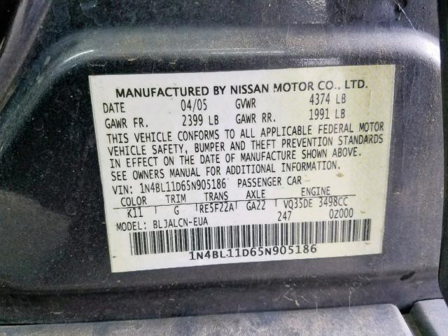 1N4BL11D65N905186 - 2005 NISSAN ALTIMA SE GRAY photo 10