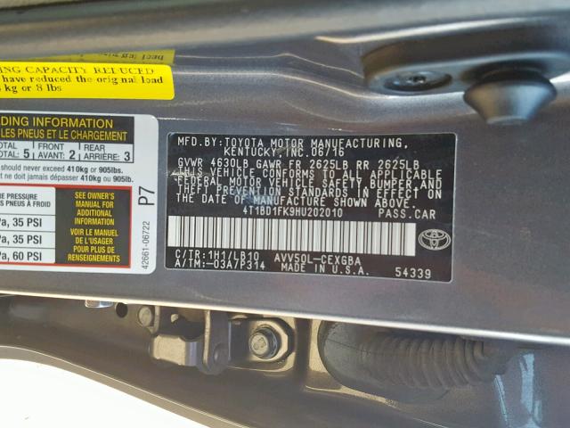 4T1BD1FK9HU202010 - 2017 TOYOTA CAMRY HYBR CHARCOAL photo 10