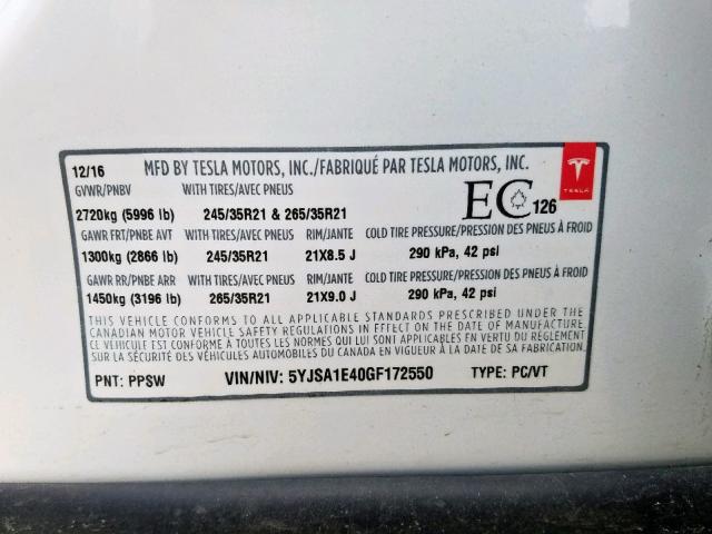 5YJSA1E40GF172550 - 2016 TESLA MODEL S WHITE photo 10