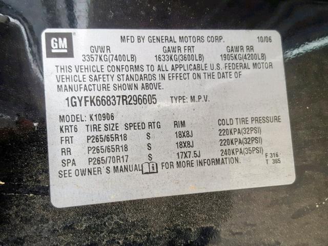 1GYFK66837R296605 - 2007 CADILLAC ESCALADE E BLACK photo 10