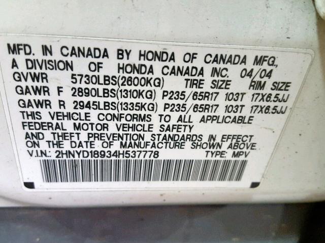 2HNYD18934H537778 - 2004 ACURA MDX TOURIN WHITE photo 10