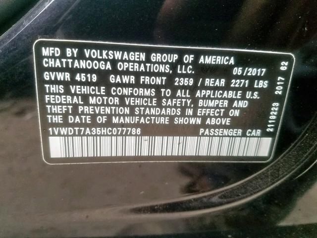 1VWDT7A35HC077786 - 2017 VOLKSWAGEN PASSAT R-L BLACK photo 10
