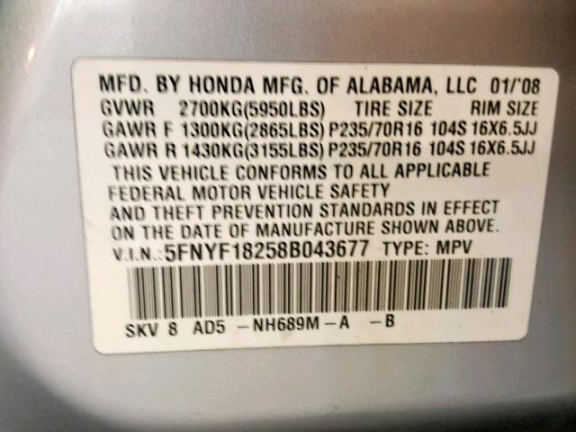 5FNYF18258B043677 - 2008 HONDA PILOT VP SILVER photo 10