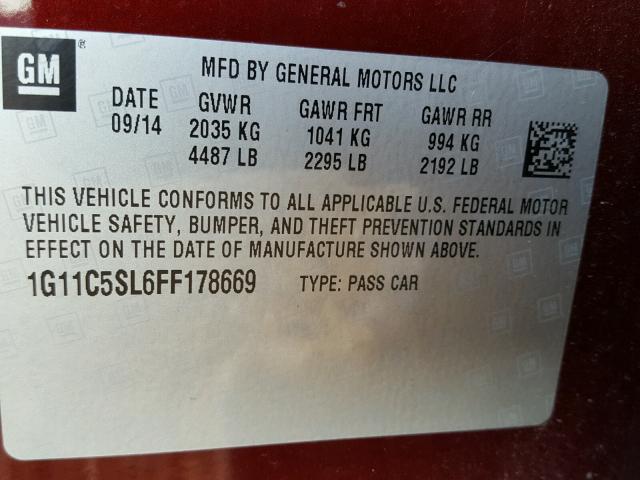 1G11C5SL6FF178669 - 2015 CHEVROLET MALIBU 1LT 勃艮第红 照片 10