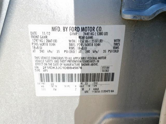 2FMDK3JC1DBB45876 - 2013 FORD EDGE SEL SILVER photo 10