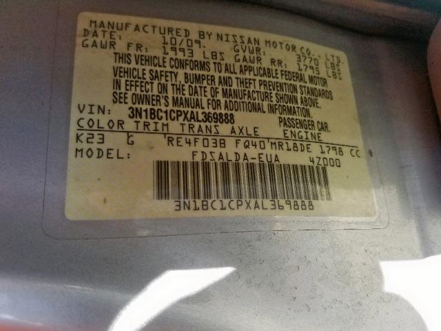 3N1BC1CPXAL369888 - 2010 NISSAN VERSA S SILVER photo 10