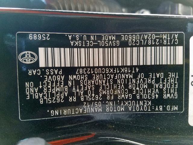 4T1BK1FK6CU012387 - 2012 TOYOTA CAMRY SE BLACK photo 10