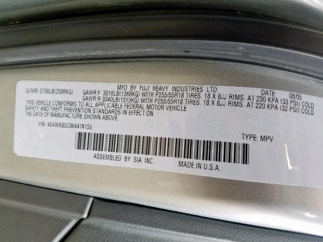 4S4WX85C964414155 - 2006 SUBARU B9 TRIBECA SILVER photo 10