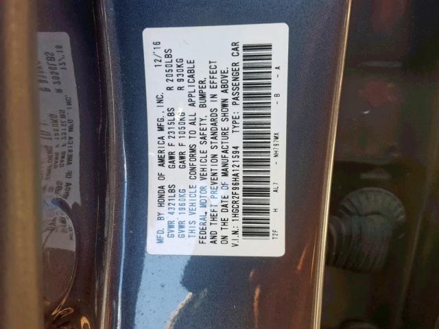 1HGCR2F96HA121594 - 2017 HONDA ACCORD EXL GRAY photo 10