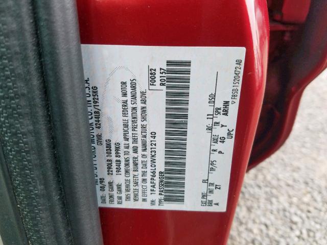 1FAFP66L0WK312140 - 1998 FORD CONTOUR LX RED photo 10