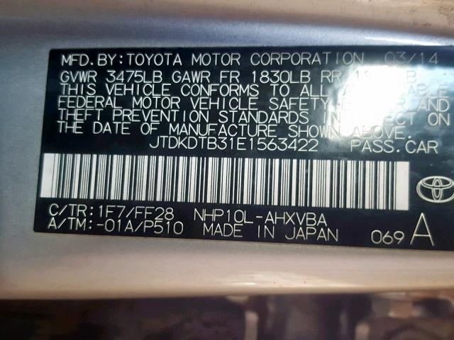 JTDKDTB31E1563422 - 2014 TOYOTA PRIUS C SILVER photo 10