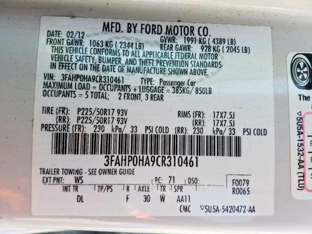 3FAHP0HA9CR310461 - 2012 FORD FUSION SE WHITE photo 10