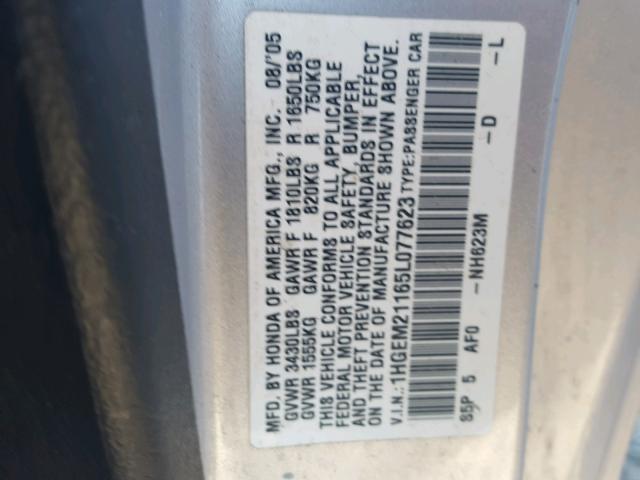 1HGEM21165L077623 - 2005 HONDA CIVIC DX V SILVER photo 10