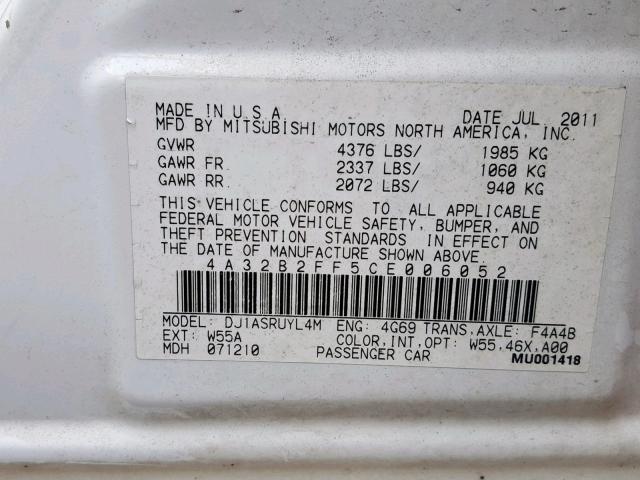 4A32B2FF5CE006052 - 2012 MITSUBISHI GALANT FE WHITE photo 10