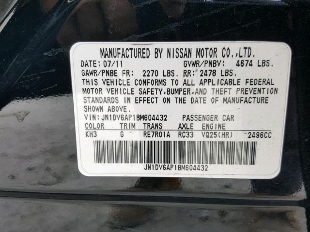 JN1DV6AP1BM604432 - 2011 INFINITI G25 BASE BLACK photo 10