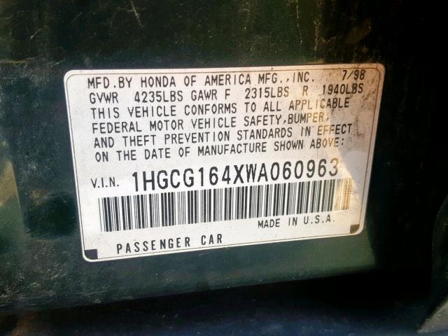 1HGCG164XWA060963 - 1998 HONDA ACCORD LX GREEN photo 10