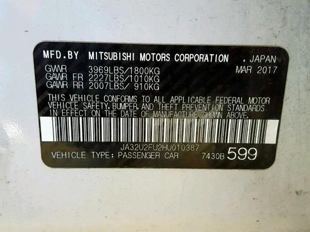 JA32U2FU2HU010387 - 2017 MITSUBISHI LANCER ES WHITE photo 10