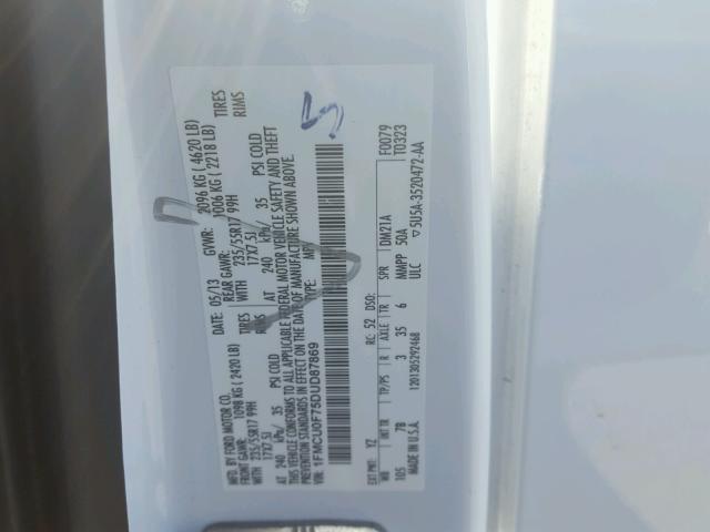 1FMCU0F75DUD87869 - 2013 FORD ESCAPE S WHITE photo 10