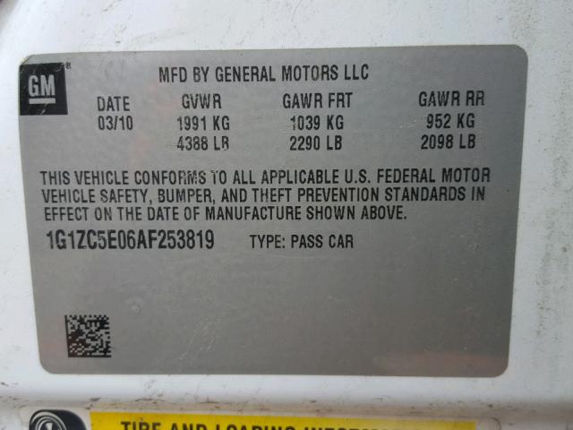 1G1ZC5E06AF253819 - 2010 CHEVROLET MALIBU 1LT WHITE photo 10