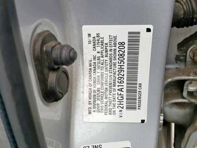 2HGFA16929H508208 - 2009 HONDA CIVIC EXL 银色 照片 10