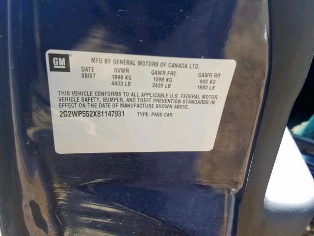 2G2WP552X81147931 - 2008 PONTIAC GRAND PRIX BLUE photo 10