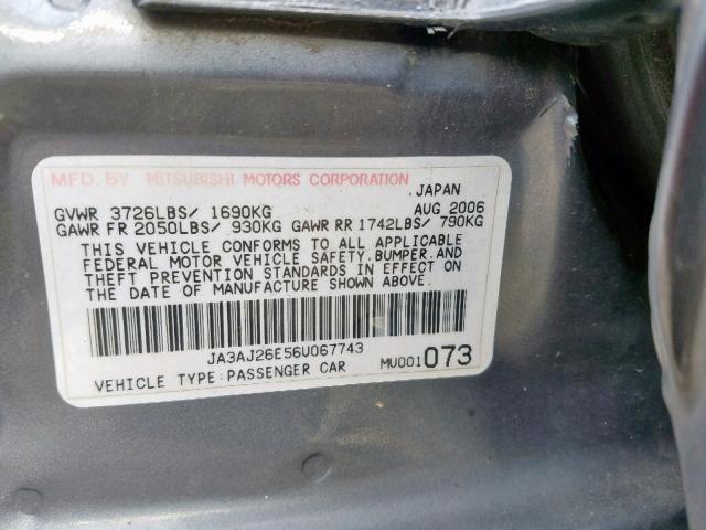 JA3AJ26E56U067743 - 2006 MITSUBISHI LANCER ES GRAY photo 10