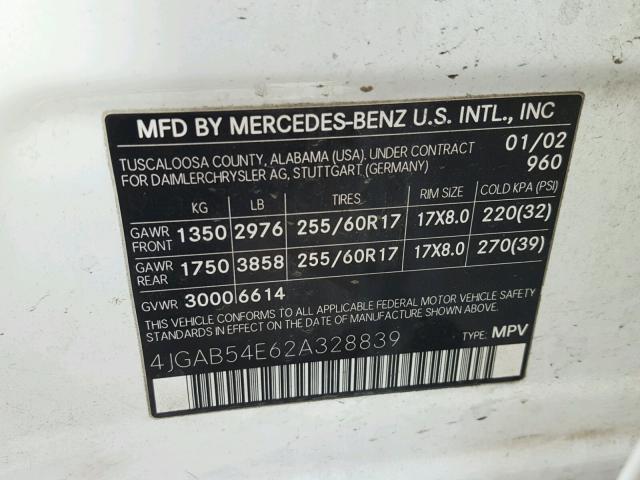 4JGAB54E62A328839 - 2002 MERCEDES-BENZ ML 320 WHITE photo 10