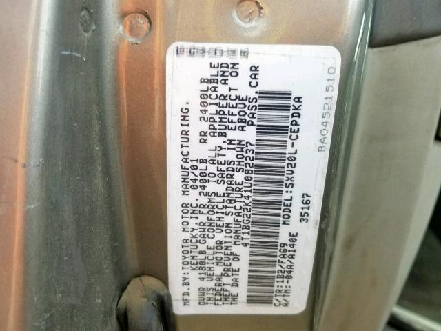 4T1BG22K41U082237 - 2001 TOYOTA CAMRY CE GRAY photo 10