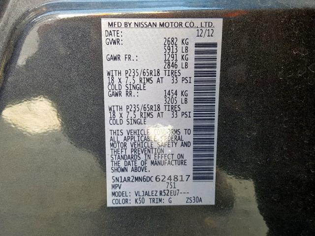 5N1AR2MN6DC624817 - 2013 NISSAN PATHFINDER GRAY photo 10